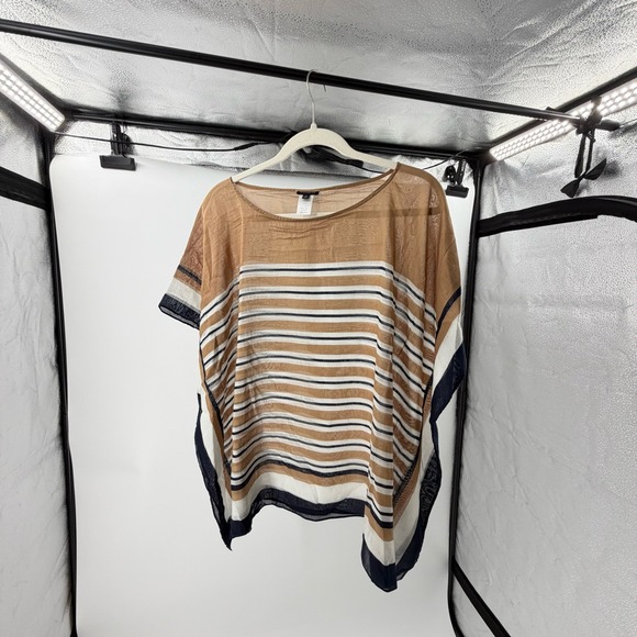 Talbots Sweaters - Talbots Sheer Striped Poncho Top Tan Navy Blue White Gauze One Size OS